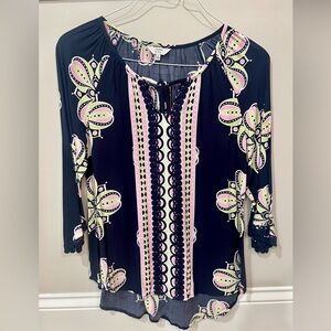Crown & Ivy Navy and Pink Floral Blouse